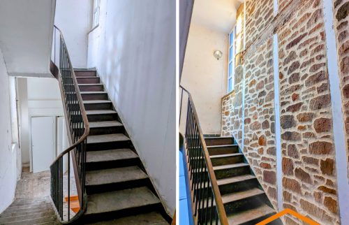 Rénovation d’une cage d’escalier à Quimper : pierres apparentes restaurées et mise en valeur du charme ancien du bâtiment.