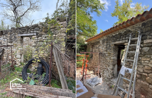 Vue d'ensemble de la rénovation d'une annexe en pierre dans le Pays d'Aix. Les travaux ont permis de préserver le bâti existant tout en lui offrant une nouvelle toiture adaptée aux exigences actuelles.