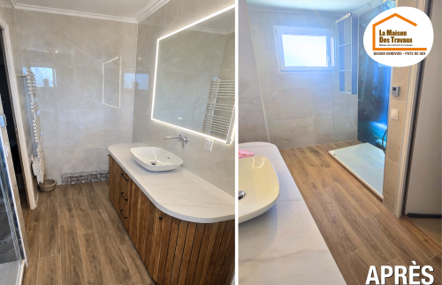 La Maison des Travaux Bassin Genevois Pays de Gex, rénovation salle de bains Annemasse, rénovation salle de bains Douvaine, faux plafond salle de bains, meuble vasque moderne