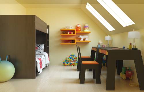 Chambre avec bureau sous comble création Velux avec stores et volets roulants