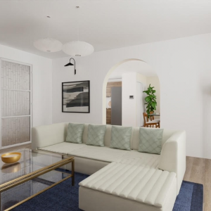 Projection 3D d'une pièce de vie et d'un salon - Amélie Clémencet - La Maison Des Architectes