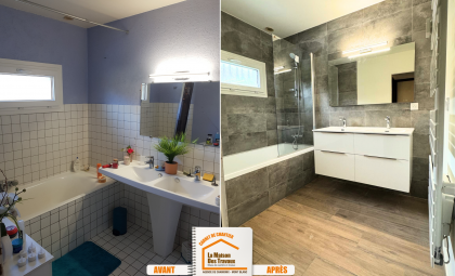 rénovation haut de gamme salle de bain, projet sur mesure salle de bain, matériaux nobles salle de bain, courtier travaux Chamonix, artisans rénovation 74220, courtier en travaux