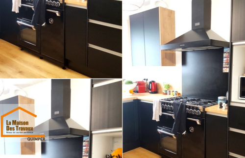 Rénovation de cuisine à Quimper : pose d’un sol imitation bois et intégration d’électroménager moderne pour un rendu élégant et durable.