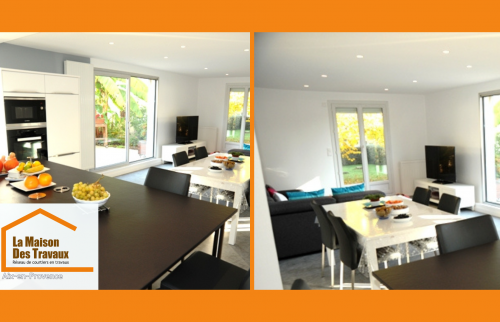 Cuisine moderne avec îlot et espace salle à manger lumineux entre Venelles et Le Puy-Sainte-Réparade, rénovation signée Laurent Nemer.