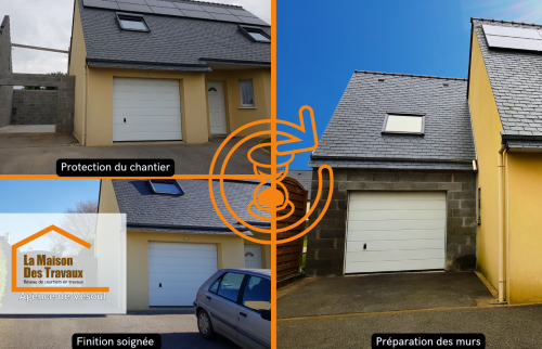 Travaux d’extension et ravalement de façade à Vesoul. Protection du chantier et préparation des murs pour une finition parfaite.