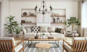 salon tendance avec niche décorative et couleurs claires