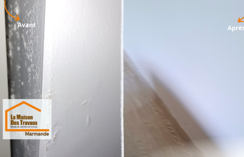 Avant/Après impressionnant à Virazeil : un mur rongé par l’humidité transformé en surface saine et parfaitement repeinte grâce à une rénovation experte.