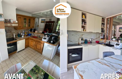 pose claustra bois, cuisine moderne plan effet marbre, rénovation pièce de vie 74100, artisans rénovation Bassin Genevois, aménagement cuisine fonctionnelle