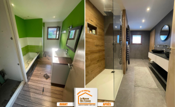 rénovation complète salle de bain, spots LED faux plafond, salle de bain montagne moderne, salle de bain design La Clusaz, carrelage gris contemporain, La Maison des Travaux Sallanches