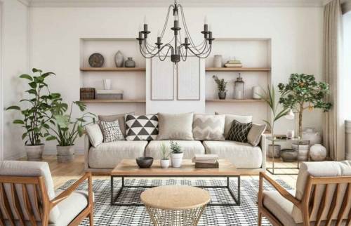 salon tendance avec niche décorative et couleurs claires