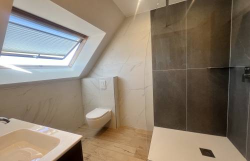 Douche contemporaine avec paroi vitrée dans une salle de bain sous combles rénovée. 