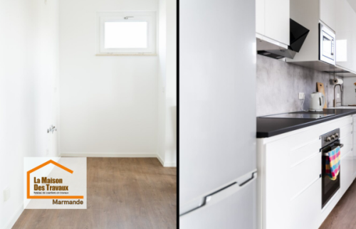 Pièce vide avant rénovation au Mas-d’Agenais (47430) destinée à accueillir une cuisine aménagée avec optimisation de l’espace et accompagnement en travaux.
