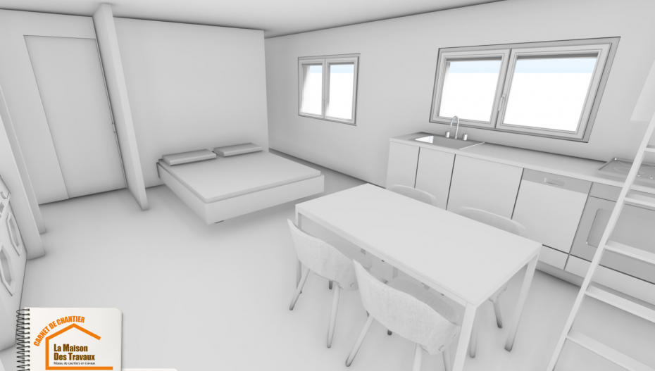 La Maison des Travaux Moûtiers, studio moderne avec cuisine, salle de bain dans garage, faux plafond LED, parquet PVC studio