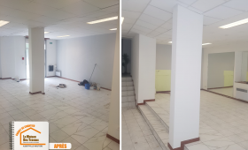 rénovation bureau en salle, carrelage local commercial Albertville, adaptation plafond démontable, reprise sol béton Savoie, subventions travaux entreprises