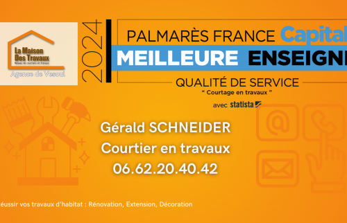 Contactez Gérald Schneider, courtier en travaux à Vesoul, pour un accompagnement complet et des artisans de confiance.