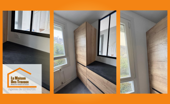 Cuisine rénovée à Quimper avec verrière et rangements bois sur-mesure. Projet signé Michel Le Donge, courtier en travaux.