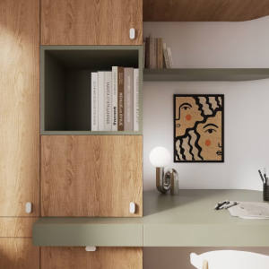 Détail mobilier sur mesure en bois chambre adolescent touches de vert et intégration sur mesure