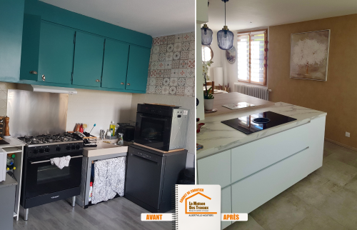 rénovation cuisine Aigueblanche, ouverture sécurisée mur porteur, mise aux normes électrique cuisine, carrelage sol cuisine, transformation pièce de vie