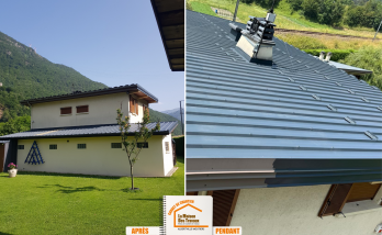 La Maison des Travaux Moûtiers, travaux toiture en hauteur, nacelle sécurisée chantier, rénovation bande rive Savoie, peinture façade toiture, artisan rénovation de toit Moûtiers