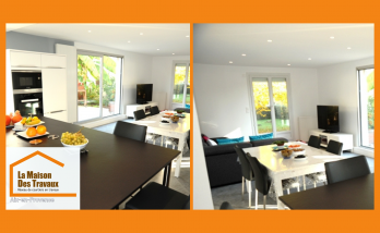 Cuisine moderne avec îlot et espace salle à manger lumineux entre Venelles et Le Puy-Sainte-Réparade, rénovation signée Laurent Nemer.