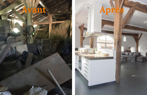 rénovation ferme grange intérieur cuisine poutre