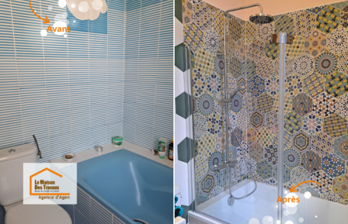 Avant / après d’une rénovation de salle de bain entre Agen et Boé : transformation complète d’un espace ancien en une pièce moderne et lumineuse.