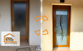 Nouvelle porte PVC aspect chêne doré posée par des artisans qualifiés à Vesoul pour améliorer l’étanchéité et le confort thermique.