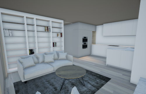 Vue 3D par architecte d'intérieur avec proposition salon - bibliothèque 