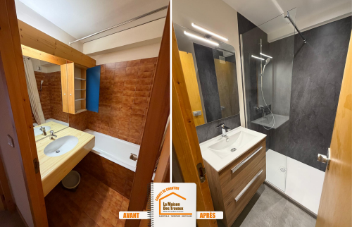  parquet PVC appartement montagne, crédence cuisine moderne, rénovation logement station ski, rénovation intérieure Savoie, artisan rénovation Méribel