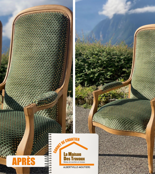 Rénovation sur-mesure fauteuil Voltaire Savoie, Artisan spécialiste aérogommage bois Aigueblanche, Rénovation et modernisation cuisine Savoie, Tapissier fauteuil ancien Savoie 73260, Artisans rénovation mobilier ancien Aigueblanche