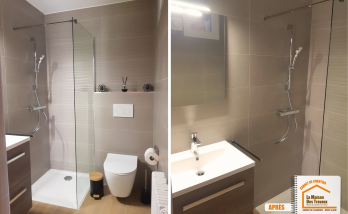 courtier travaux Chamonix Mont-Blanc, rénovation intérieure Le Grand-Bornand, salle de bain design montagne, carrelage moderne salle de bain, artisan fiable Haute-Savoie