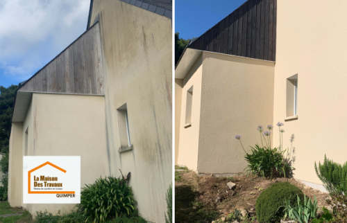 Ravalement de façade à Quimper avec comparaison avant/après : nettoyage complet et remise en état pour redonner éclat et modernité à la maison.
