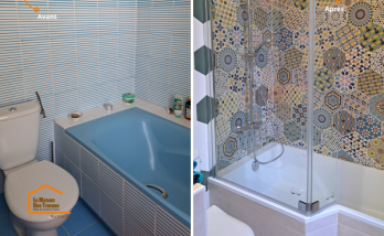 Transformation complète d’une ancienne salle de bain avec nouvelle baignoire, faïence décorative et paroi vitrée à Fumel.