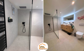  rénovation salle de bains Gex, douche italienne carrelage grand format, salle de bain design, rénovation maison Pays de Gex, salle de bain contemporaine