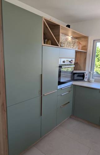Cuisine rénovée à Voiron avec colonnes de rangement vert sauge, électroménager intégré et niches décoratives en bois.