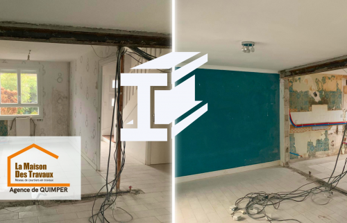  À l’intérieur, la suppression du mur porteur laisse place à un nouvel espace ouvert, avec les câbles électriques en attente d’intégration.