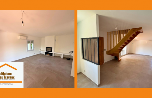 Salon rénové à Éguilles avec escalier bois sur mesure, ambiance chaleureuse et espace ouvert moderne.