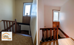 Rénovation d’escalier au Guilvinec : murs rafraîchis et sol modernisé pour un espace plus lumineux et agréable au quotidien.