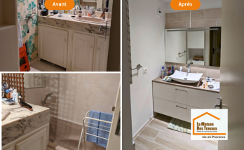 Avant / après d’une rénovation de salle de bain à Aix-en-Provence avec remplacement d’une baignoire par une douche sécurisée, nouveau meuble vasque et revêtements modernes.