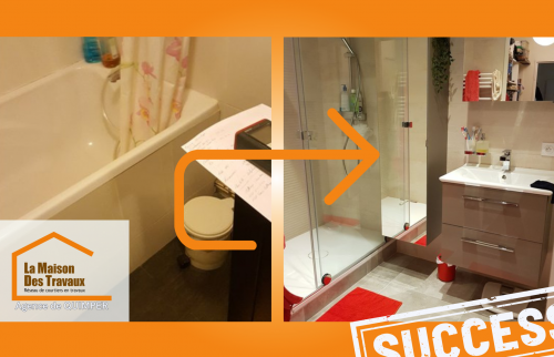 Avant / Après : rénovation salle de bain Combrit : Remplacement d’une baignoire par une douche spacieuse et fonctionnelle. Une rénovation réussie avec La Maison Des Travaux Quimper.