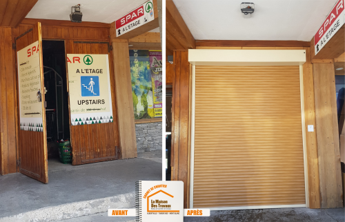 rénovation magasin Méribel, rénovation enseigne bois, bardage bois commerce, rénovation local professionnel Savoie, travaux commerce station