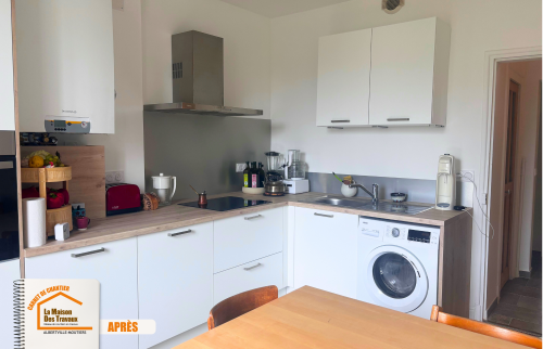 transformation cuisine avant après, installation cuisine fonctionnelle, rénovation intérieure Albertville, porte en bois rénovée