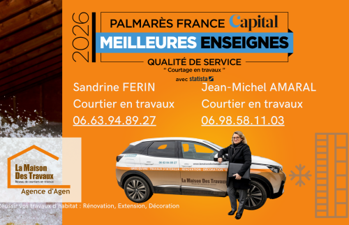 Sandrine Férin et Jean-Michel Amaral, courtiers en travaux à l’agence d’Agen, accompagnent vos projets de rénovation énergétique avec sérieux et réactivité.