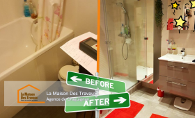 Vue de la transformation complète, montrant le remplacement de la baignoire par une douche spacieuse.