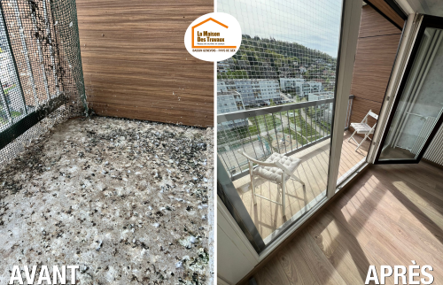 travaux appartement Haute-Savoie, aménagement pièce de vie, rénovation entrée appartement, rénovation balcon appartement, installation filet anti pigeons balcon
