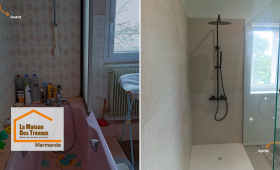 Avant rénovation : une salle de bain datée, peu pratique et à réorganiser entièrement à Xaintrailles.