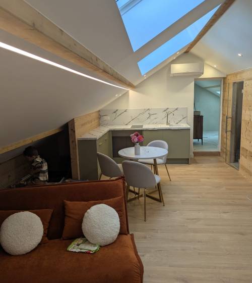 Studio aménagé dans des combles avec kitchenette et pièce de vie
