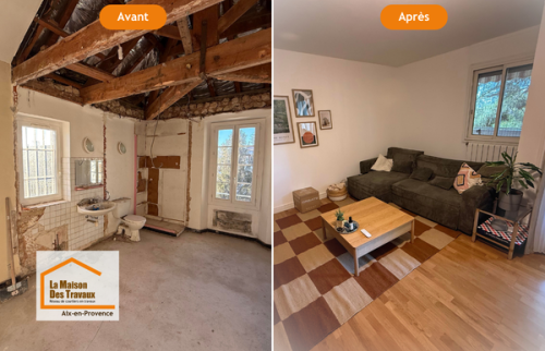 Avant / après spectaculaire d’un studio à Aix-en-Provence. Cette rénovation complète a transformé un logement ancien en un espace moderne, lumineux et confortable.