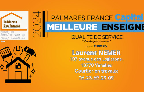 Laurent Nemer, courtier à Venelles, élu meilleure enseigne 2024 pour la qualité de service. Contactez La Maison Des Travaux.