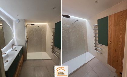 salle de bain moderne Sallanches, faïence texturée douche, robinetterie laiton salle de bain, rénovation salle de bain montagne, la maison des travaux sallanches